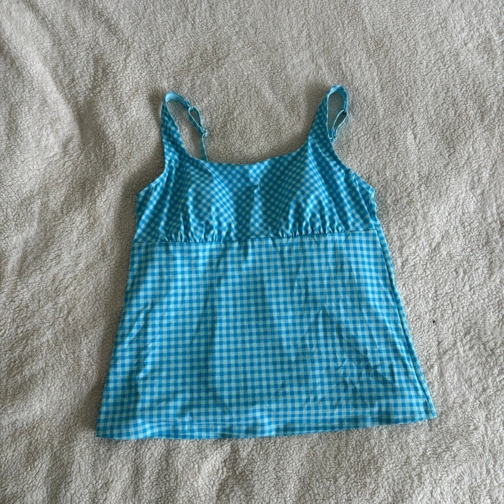 Lands' End Blue Gingham Tankini Swim Top Adjustable Straps Built-in Bra Size 16